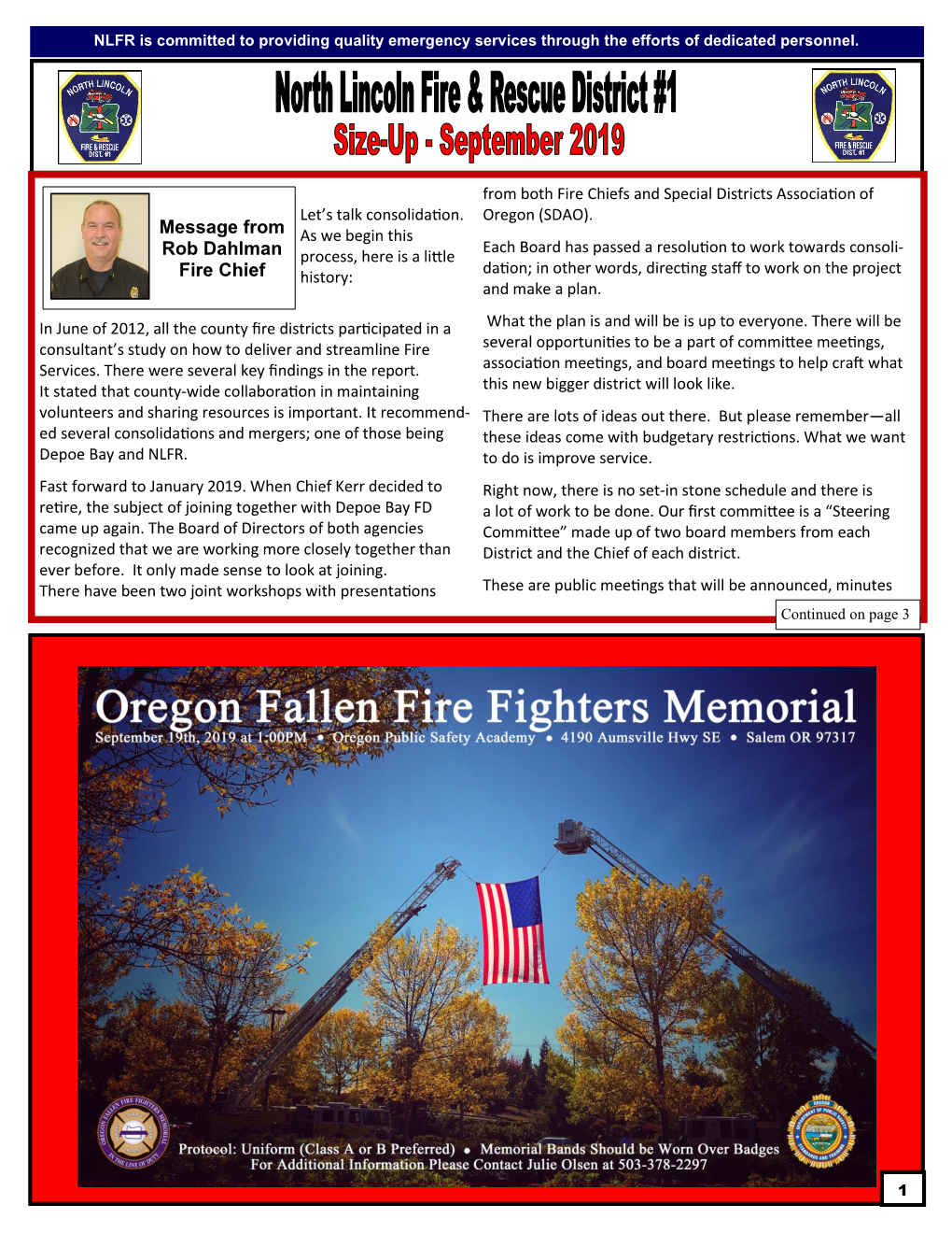 Message from Rob Dahlman Fire Chief