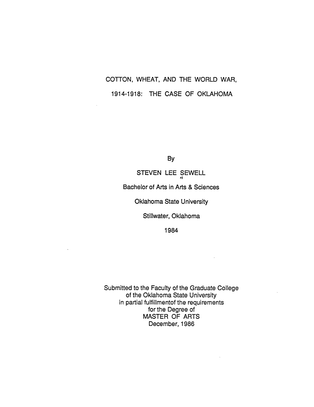 Cotton, Wheat, and the World War, 1914-1918: the Case of Oklahoma