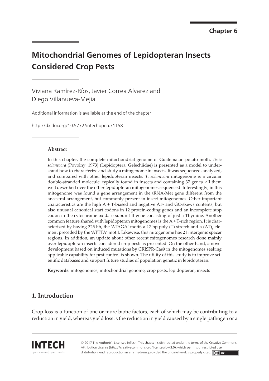 Mitochondrial Genomes of Lepidopteran Insects Consideredmitochondrial Crop Genomes Pests of Lepidopteran Insects Considered Crop Pests