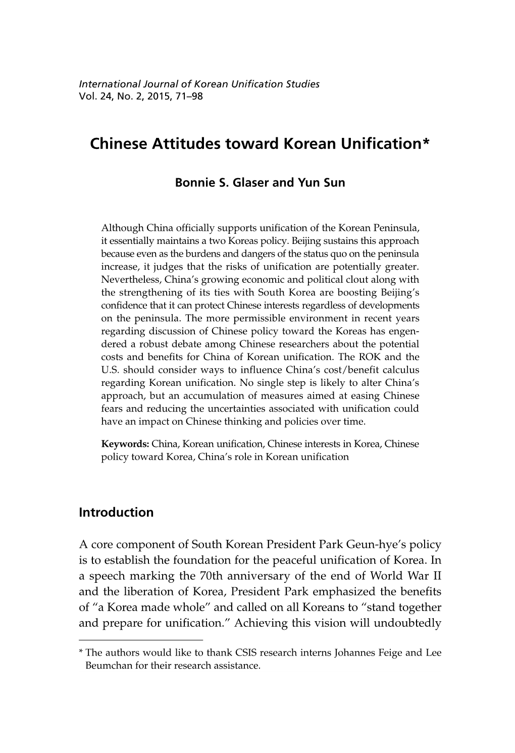 Chinese Attitudes Toward Korean Unification*