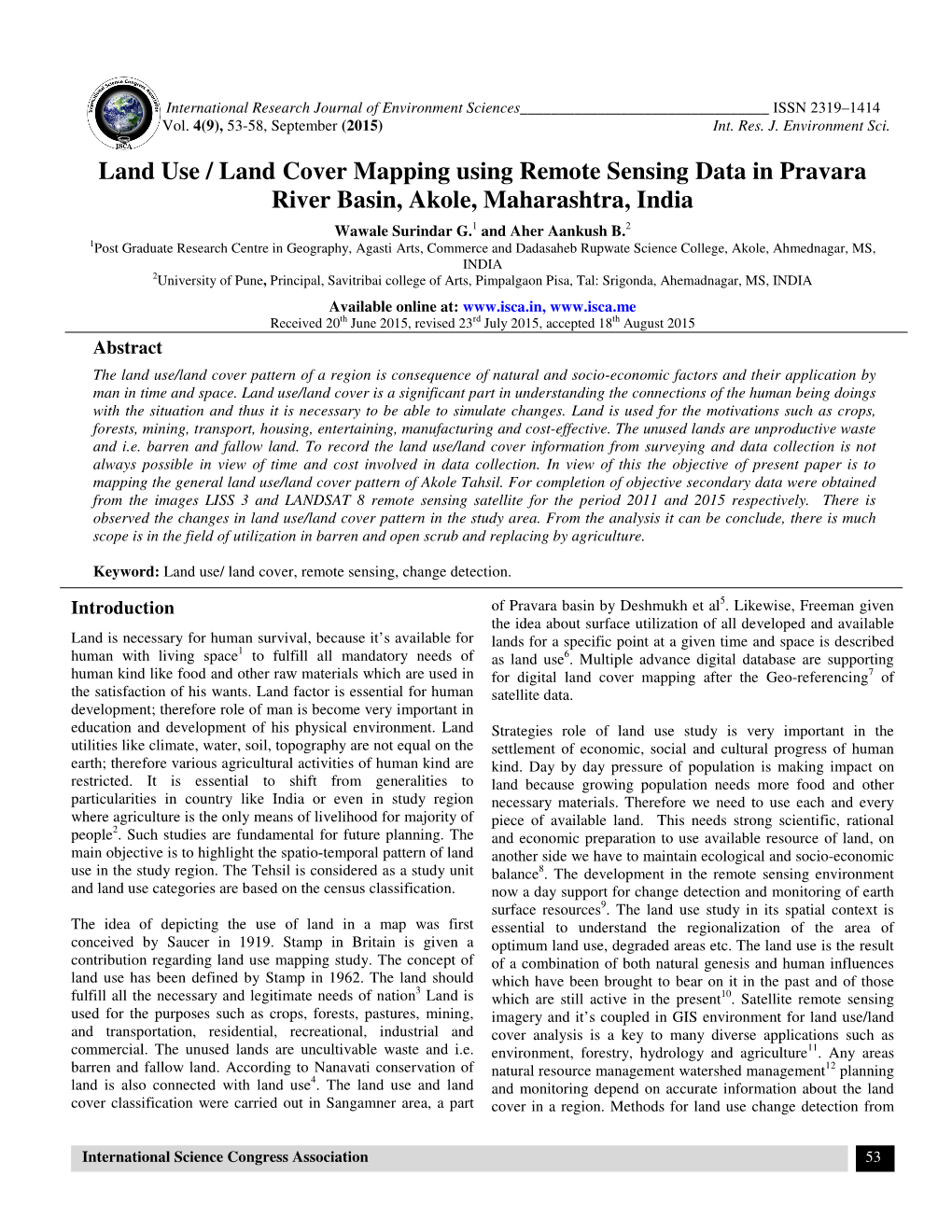 Land Use / Land Cover Mapping Using Remote Sensing Data in Pravara River Basin, Akole, Maharashtra, India