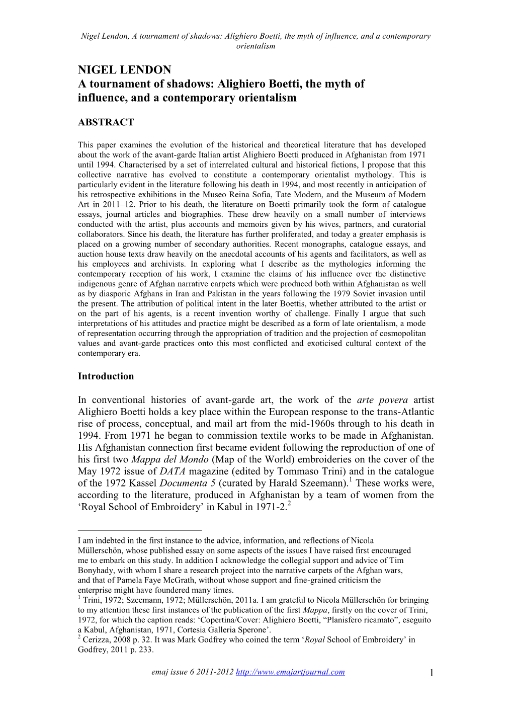 Nigel Lendon, a Tournament of Shadows: Alighiero Boetti, the Myth of Influence, and a Contemporary Orientalism