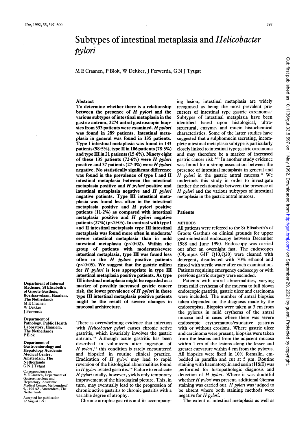 Subtypes of Intestinal Metaplasia and Helicobacter Pylorn Gut: First Published As 10.1136/Gut.33.5.597 on 1 May 1992