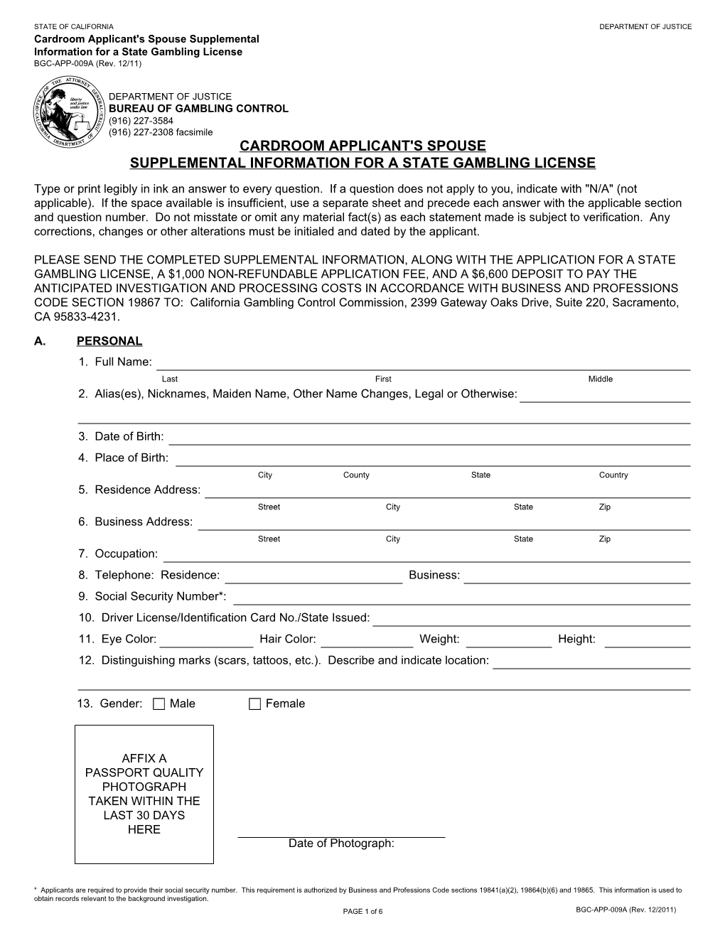 BGC-APP-009A, Cardroom Applicant's Spouse Supplemental