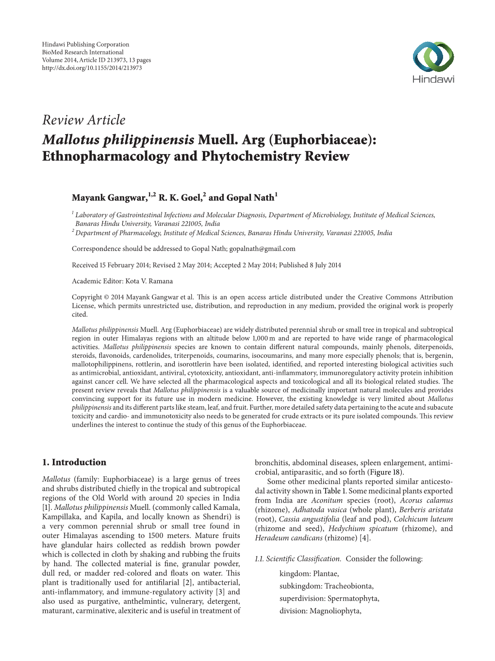 Review Article Mallotus Philippinensis Muell. Arg (Euphorbiaceae): Ethnopharmacology and Phytochemistry Review