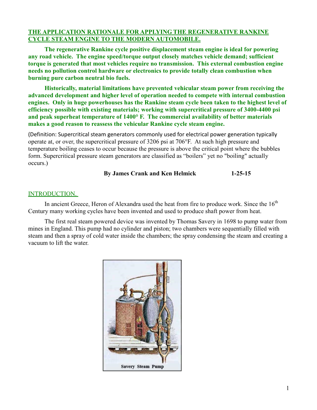 The Application Rationale for Applying the Regenerative Rankine Cycle Steam Engine to the Modern Automobile