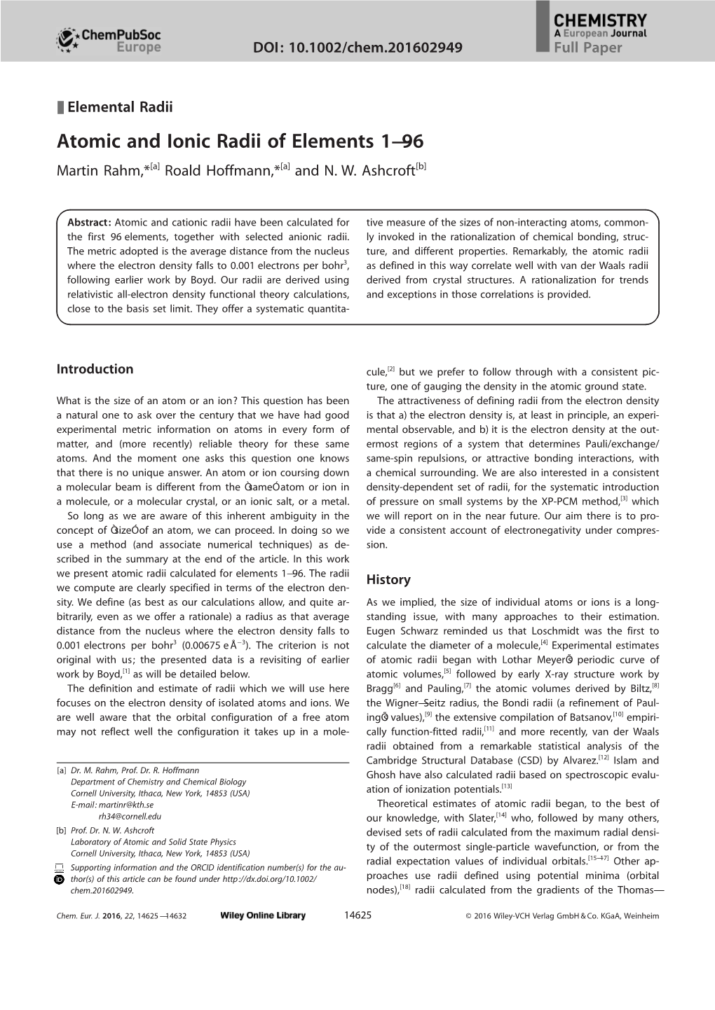 Atomic and Ionic Radii of Elements 1–96 Martinrahm,*[A] Roald Hoffmann,*[A] and N