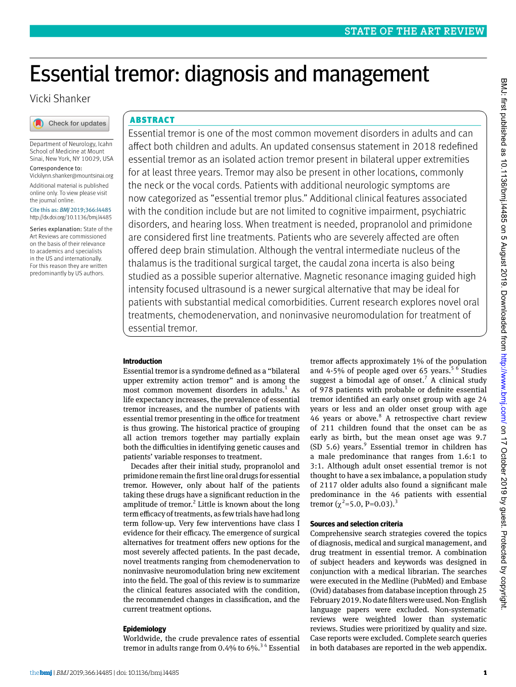 Essential Tremor: Diagnosis and Management BMJ: First Published As 10.1136/Bmj.L4485 on 5 August 2019