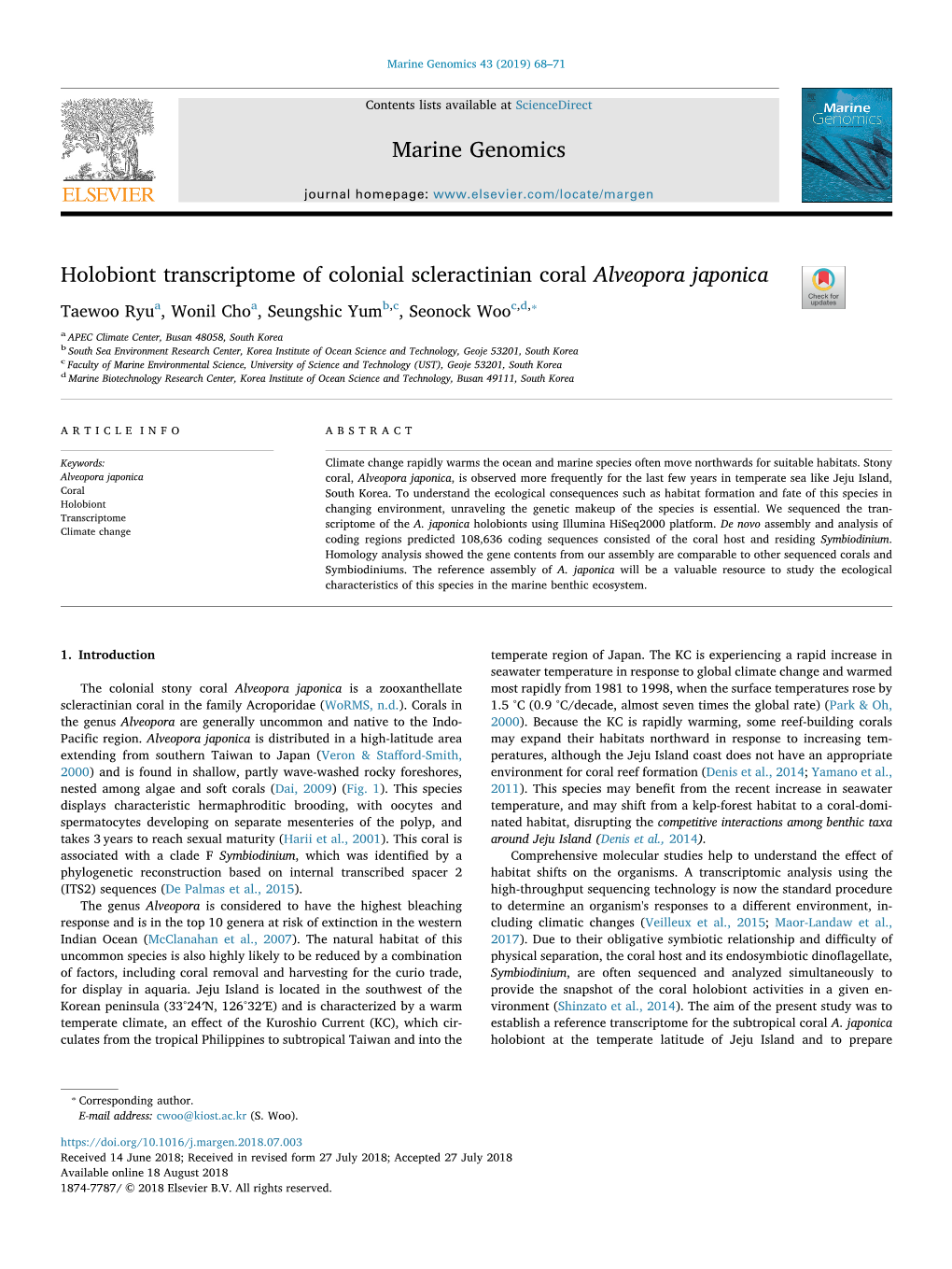 Holobiont Transcriptome of Colonial Scleractinian Coral Alveopora