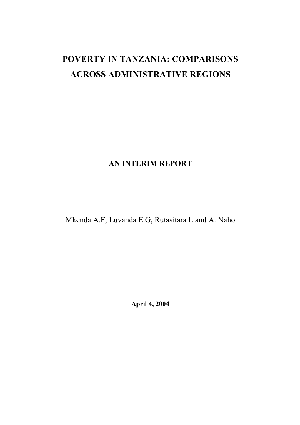 Poverty in Tanzania: Comparisons Across Administrative Regions