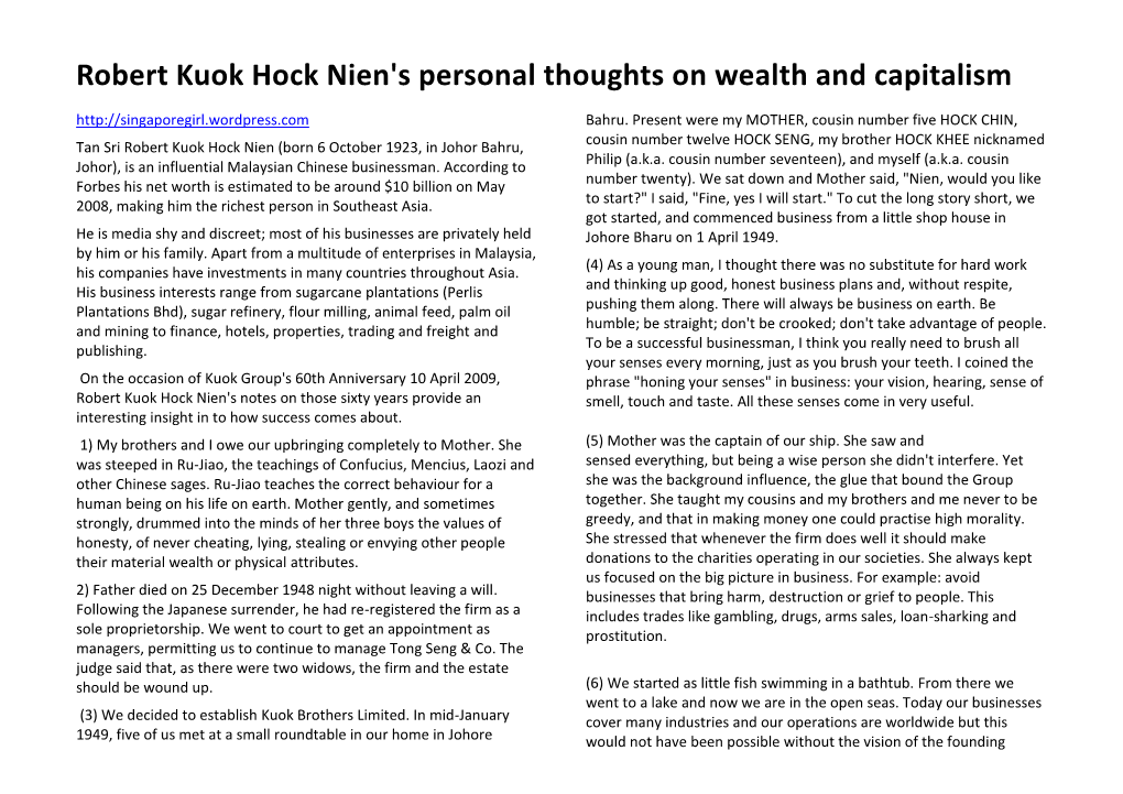 Robert Kuok Hock Nien's Personal Thoughts on Wealth and Capitalism Bahru