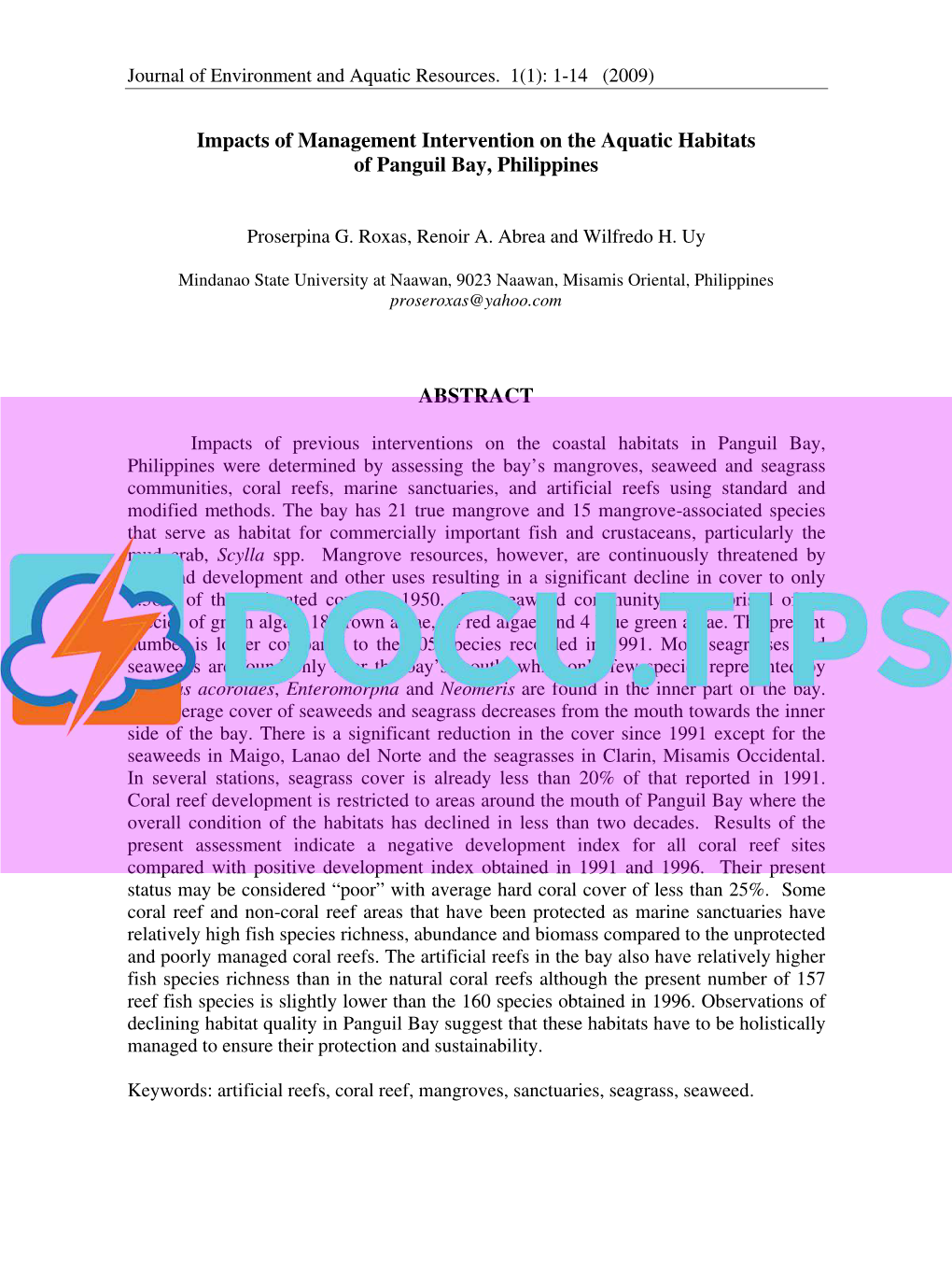 Impacts of Management Intervention on the Aquatic Habitats of Panguil Bay, Philippines ABSTRACT