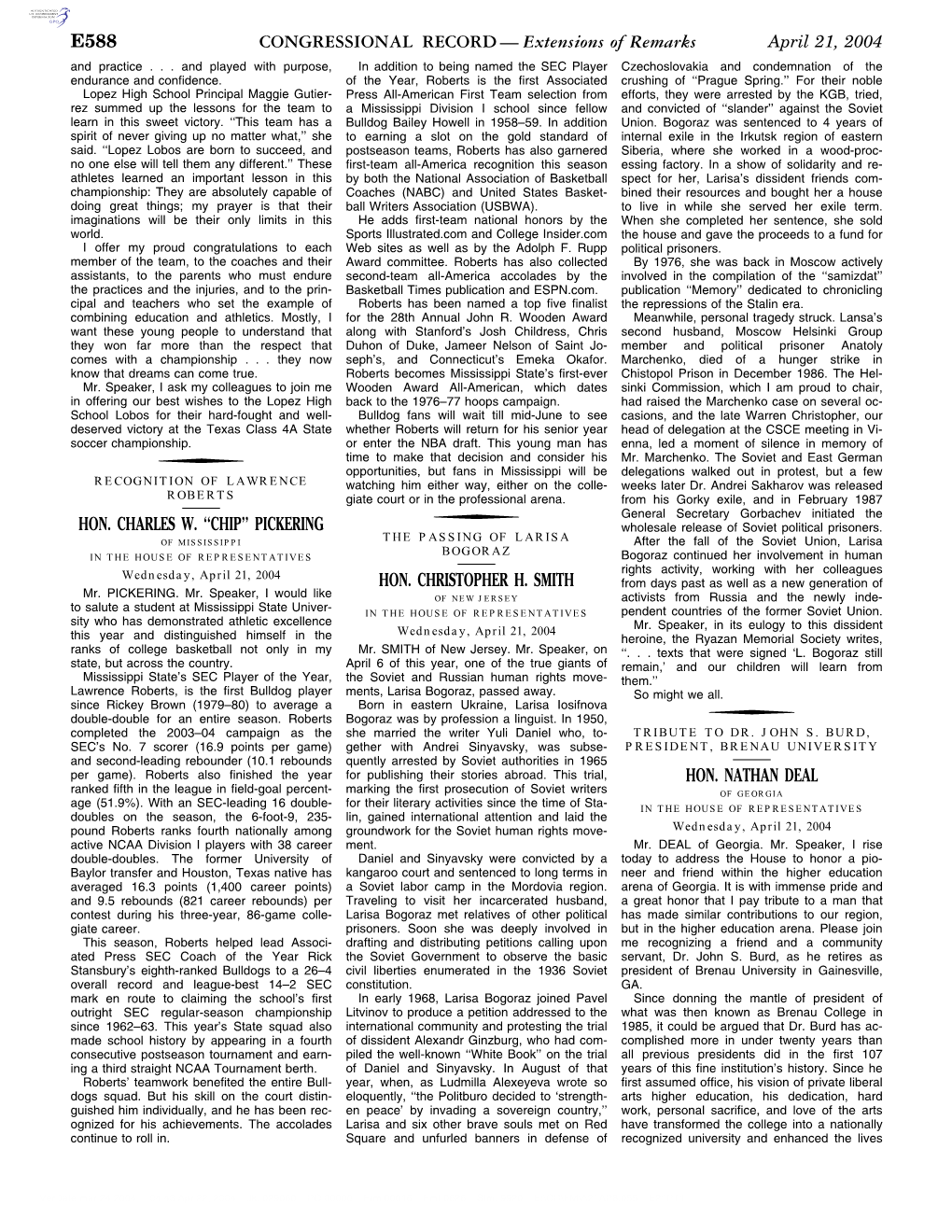 CONGRESSIONAL RECORD— Extensions of Remarks E588 HON. CHARLES W. ''CHIP'' PICKERING HON. CHRISTOPHER H. SMITH HON