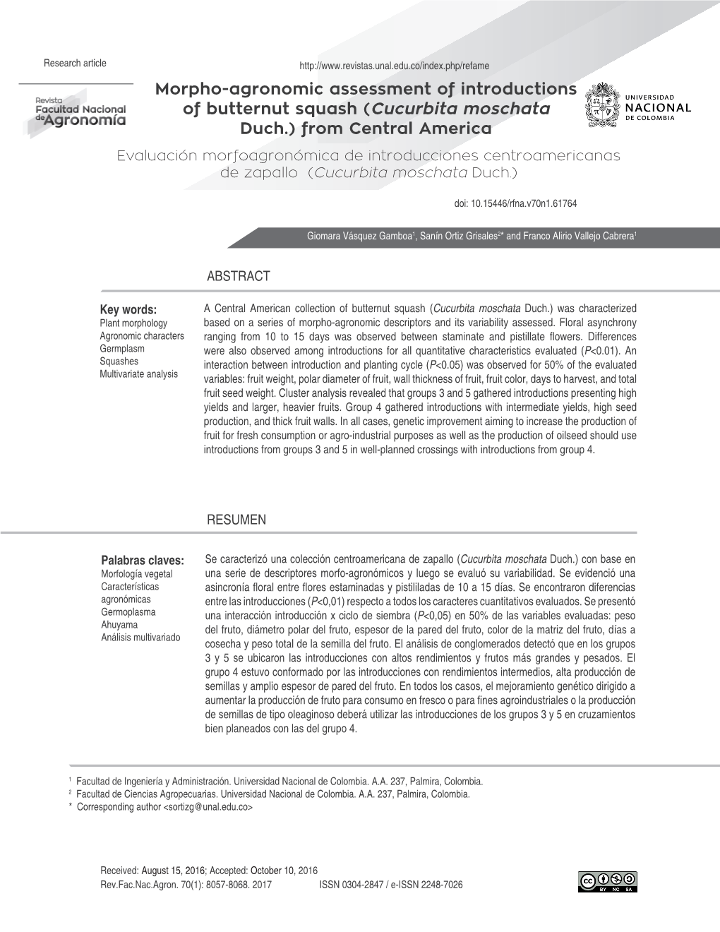 Cucurbita Moschata Duch.) from Central America Evaluación Morfoagronómica De Introducciones Centroamericanas De Zapallo (Cucurbita Moschata Duch.)