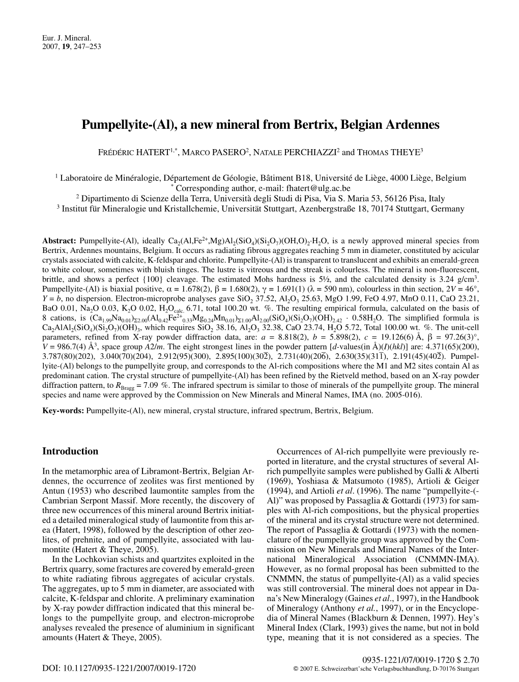 Pumpellyite-(Al), a New Mineral from Bertrix, Belgian Ardennes