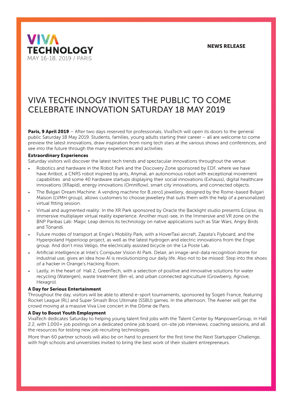 Viva Technology Invites the Public to Come Celebrate Innovation Saturday 18 May 2019