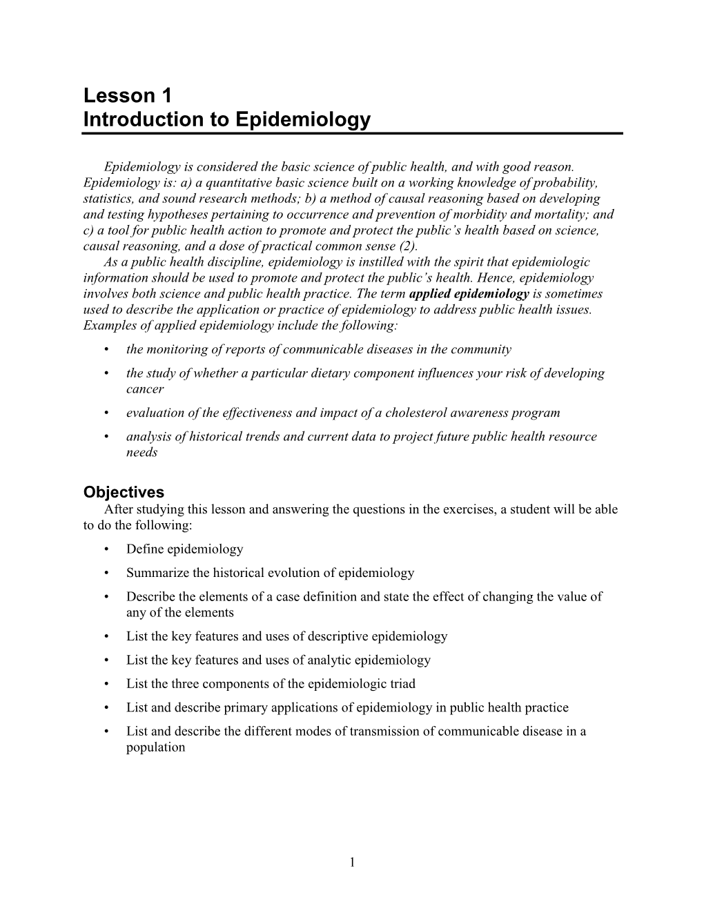 Lesson 1 Introduction to Epidemiology