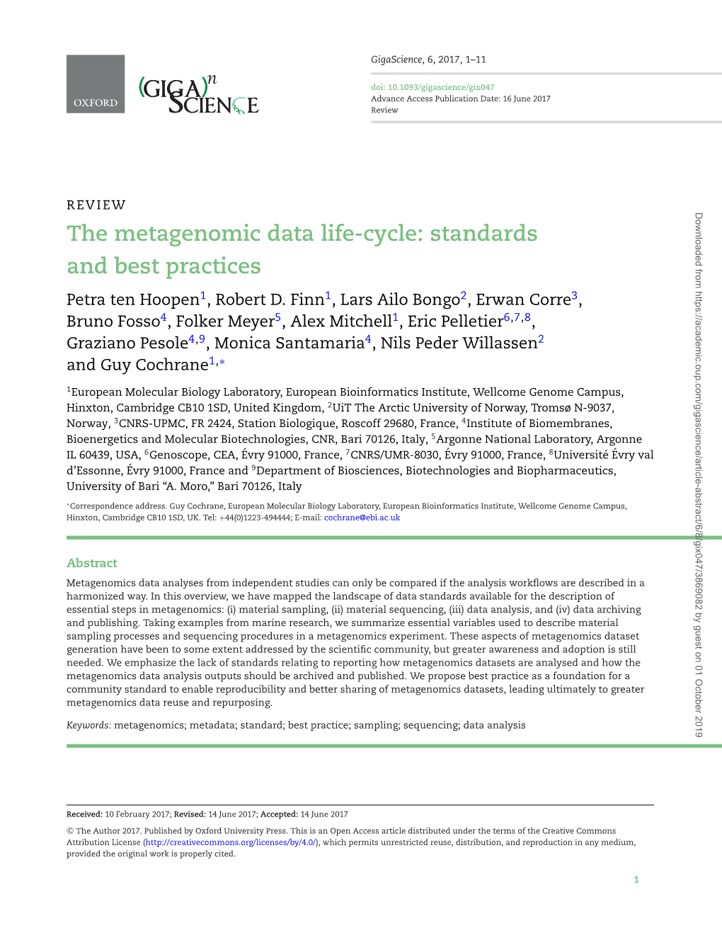 The Metagenomic Data Life-Cycle: Standards and Best Practices Petra Ten Hoopen1, Robert D