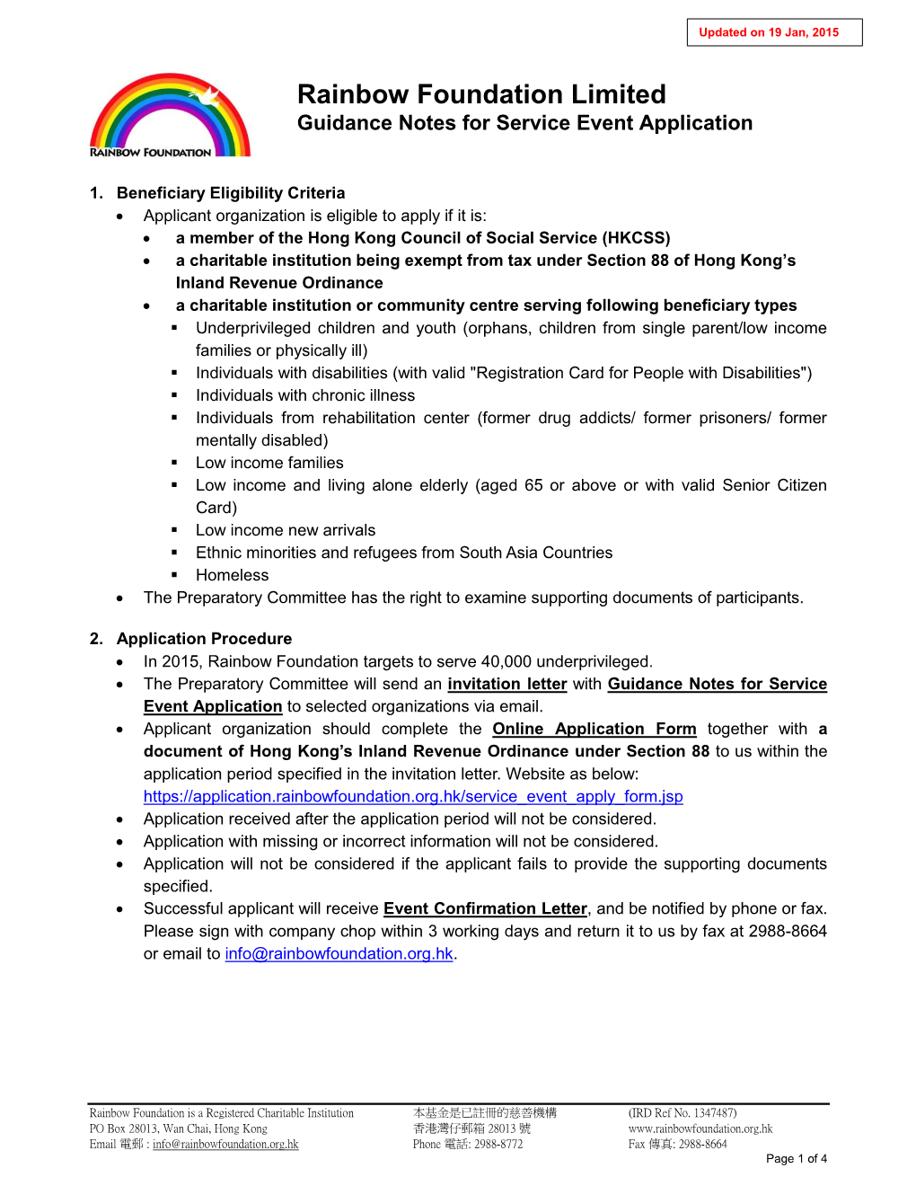 Rainbow Foundation Limited Guidance Notes for Service Event Application