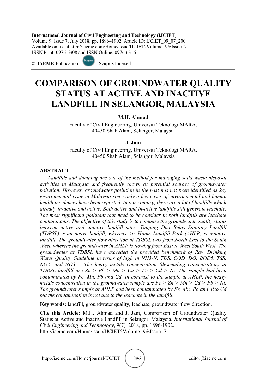 Comparison of Groundwater Quality Status at Active and Inactive Landfill in Selangor, Malaysia