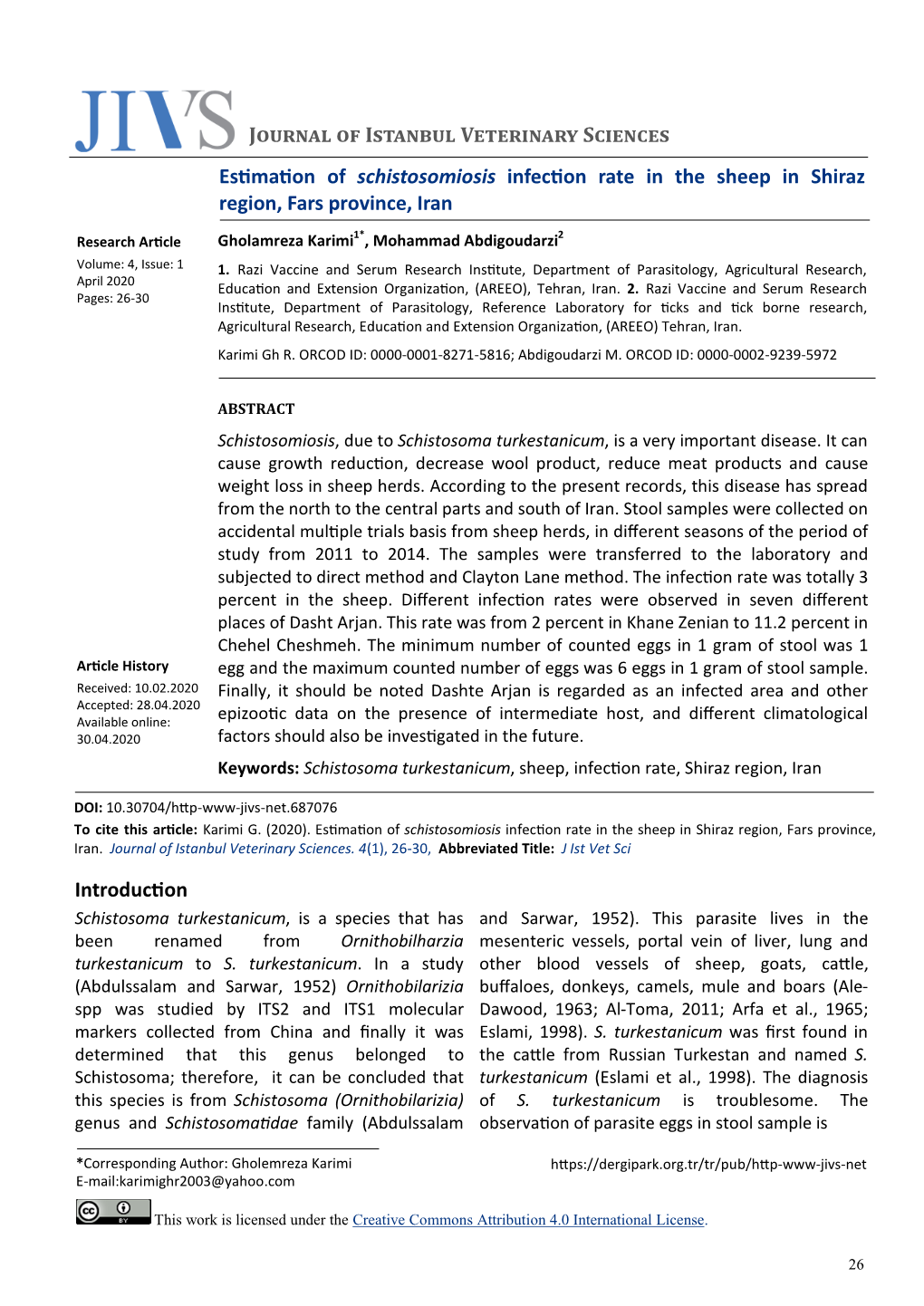 Estimation of Schistosomiosis Infection Rate in the Sheep in Shiraz Region, Fars Province, Iran