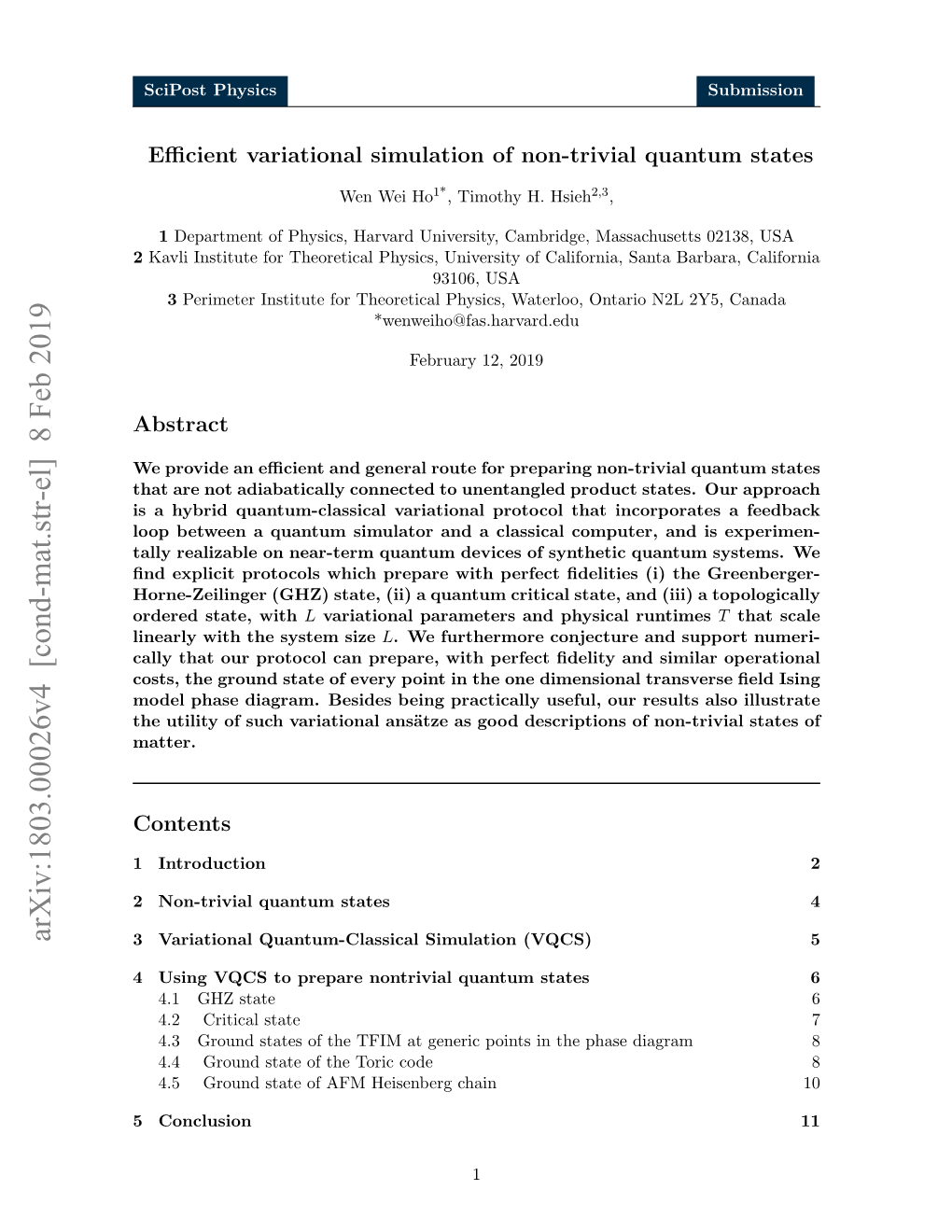 Arxiv:1803.00026V4 [Cond-Mat.Str-El] 8 Feb 2019 3 Variational Quantum-Classical Simulation (VQCS) 5