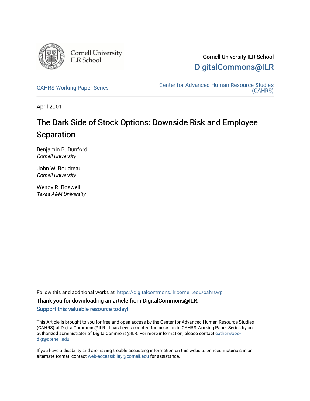 The Dark Side of Stock Options: Downside Risk and Employee Separation
