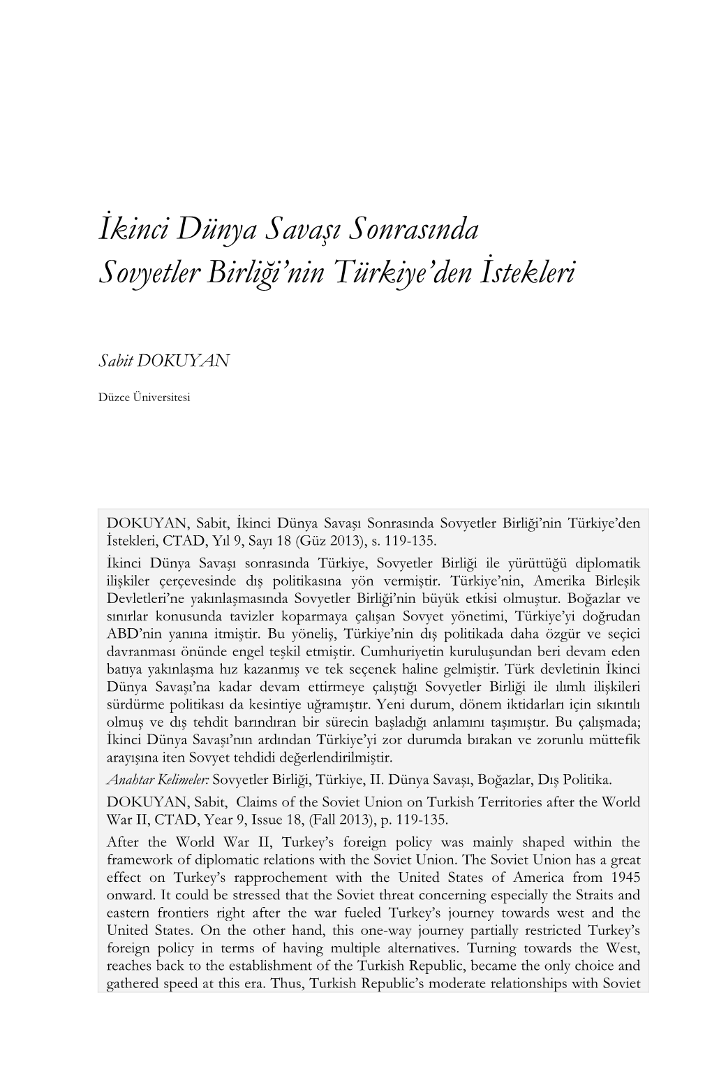 İkinci Dünya Savaşı Sonrasında Sovyetler Birliği'nin Türkiye'den