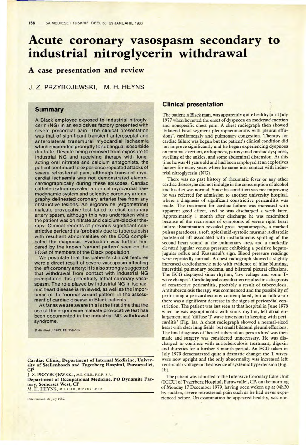 Acute Coronary Vasospasm Secondary to Industrial Nitroglycerin Withdrawal