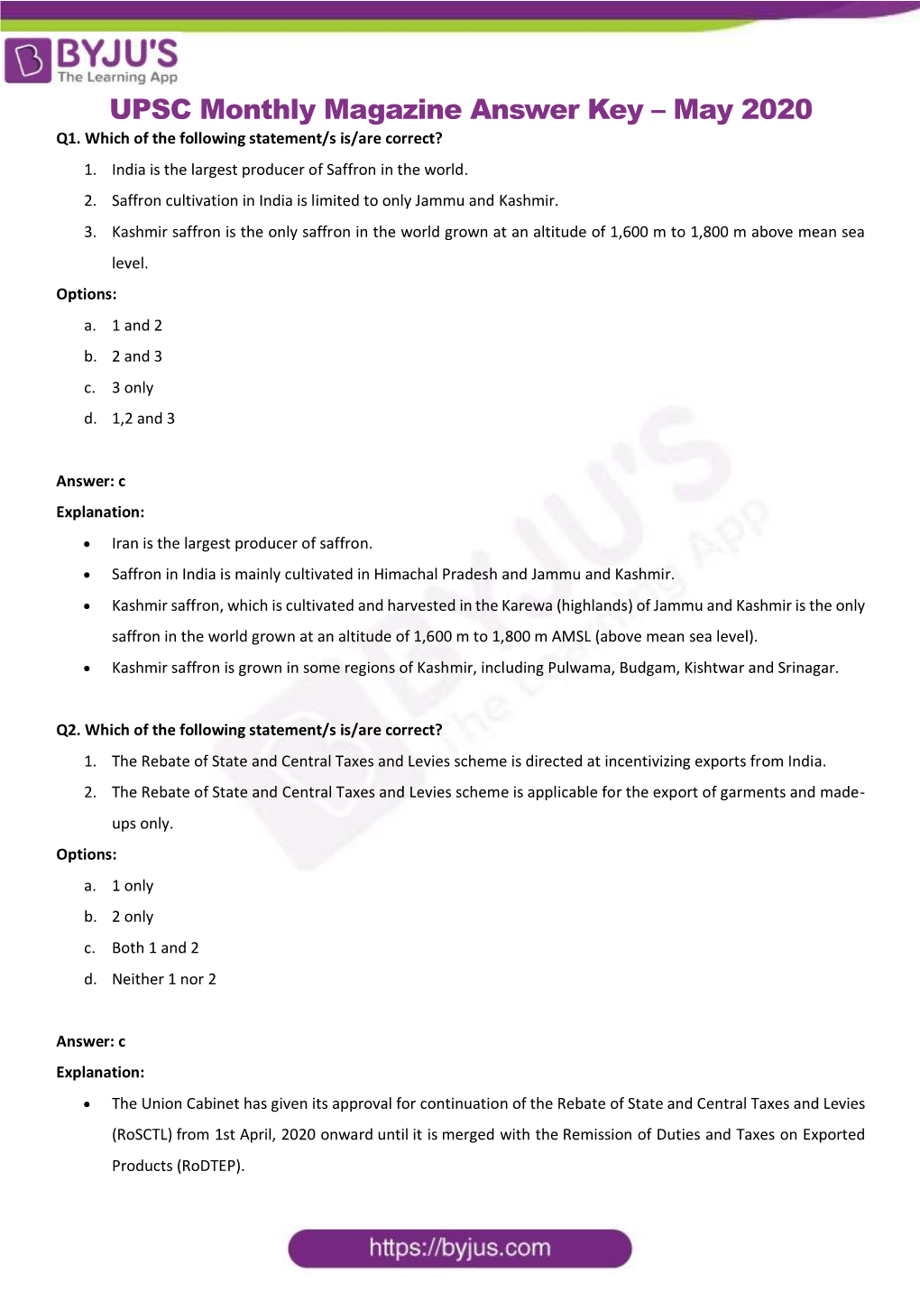 UPSC Monthly Magazine Answer Key – May 2020 Q1