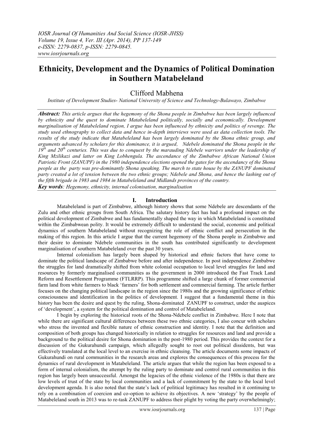 Ethnicity, Development and the Dynamics of Political Domination in Southern Matabeleland