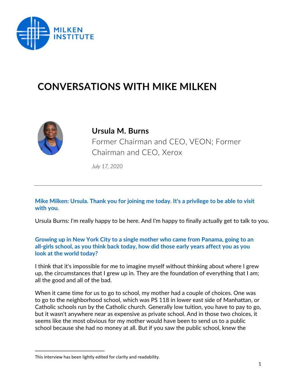 CONVERSATIONS with MIKE MILKEN Ursula M. Burns