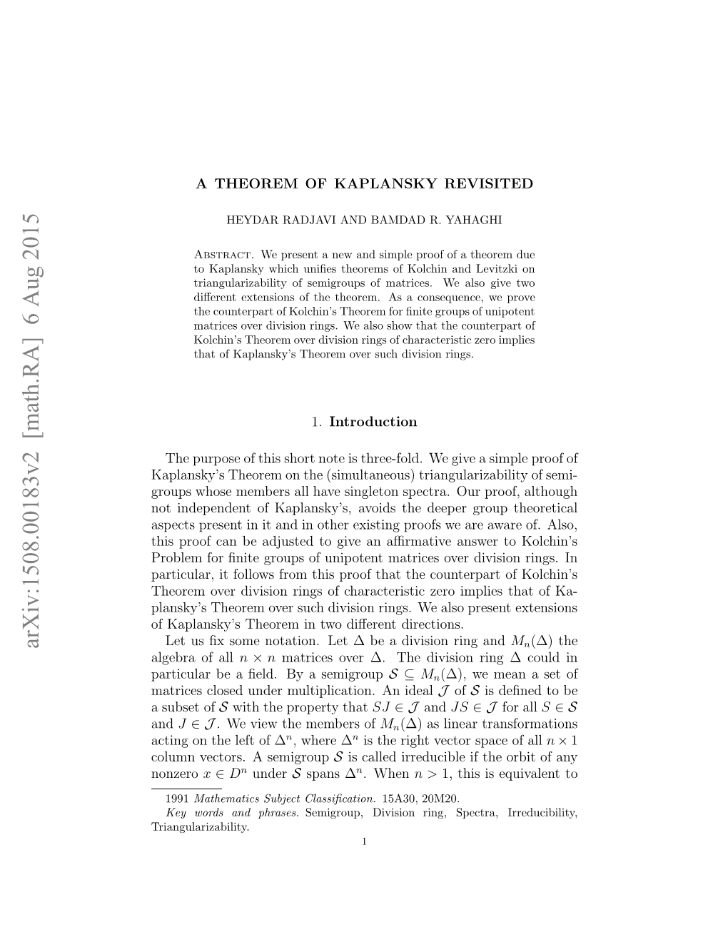 Arxiv:1508.00183V2 [Math.RA] 6 Aug 2015 Atclrb Ed Yasemigroup a by ﬁeld