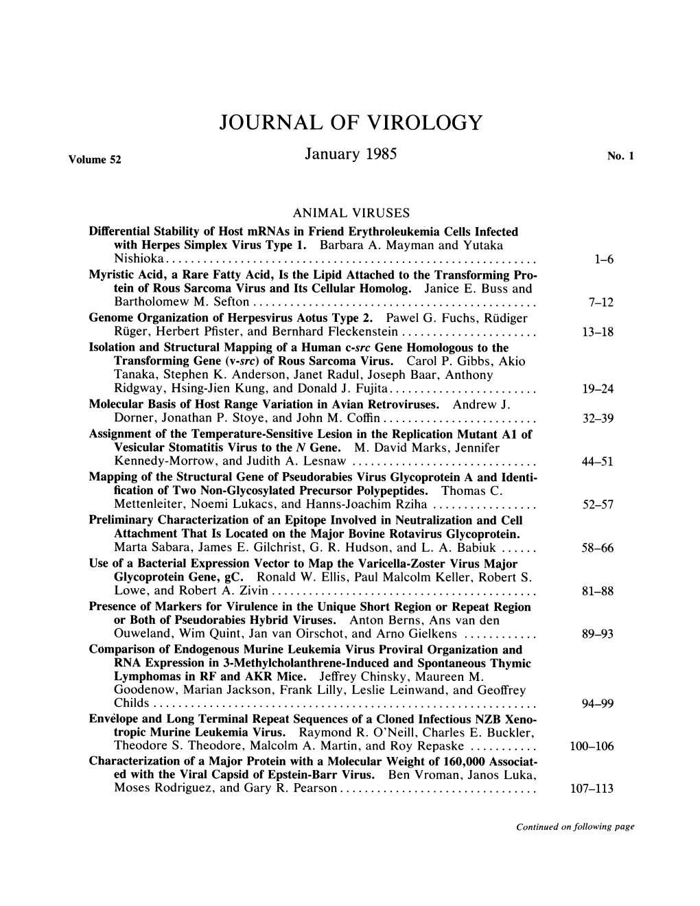 JOURNAL of VIROLOGY Volume 52 January 1985 No