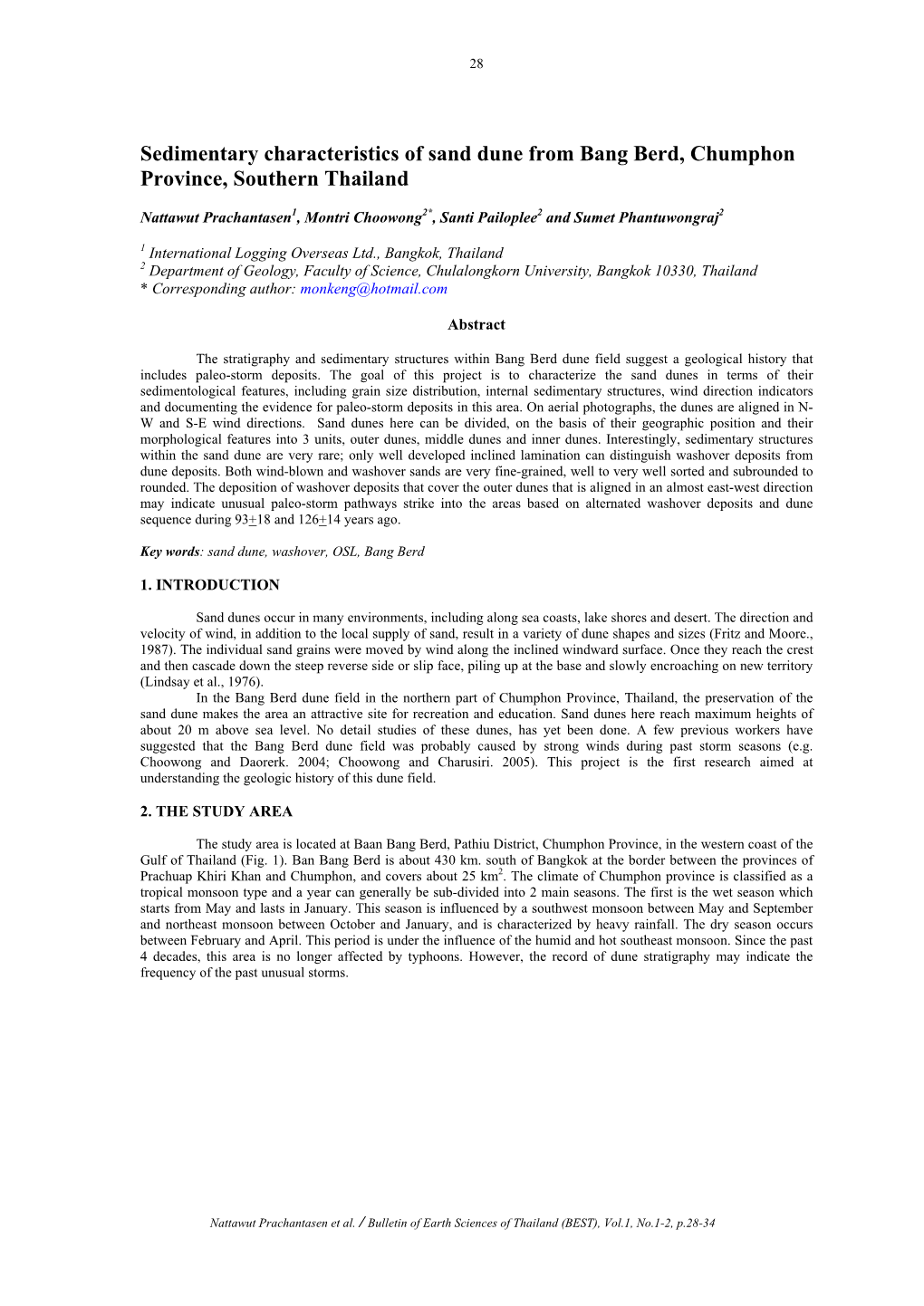 Sedimentary Characteristics of Sand Dune from Bang Berd, Chumphon Province, Southern Thailand