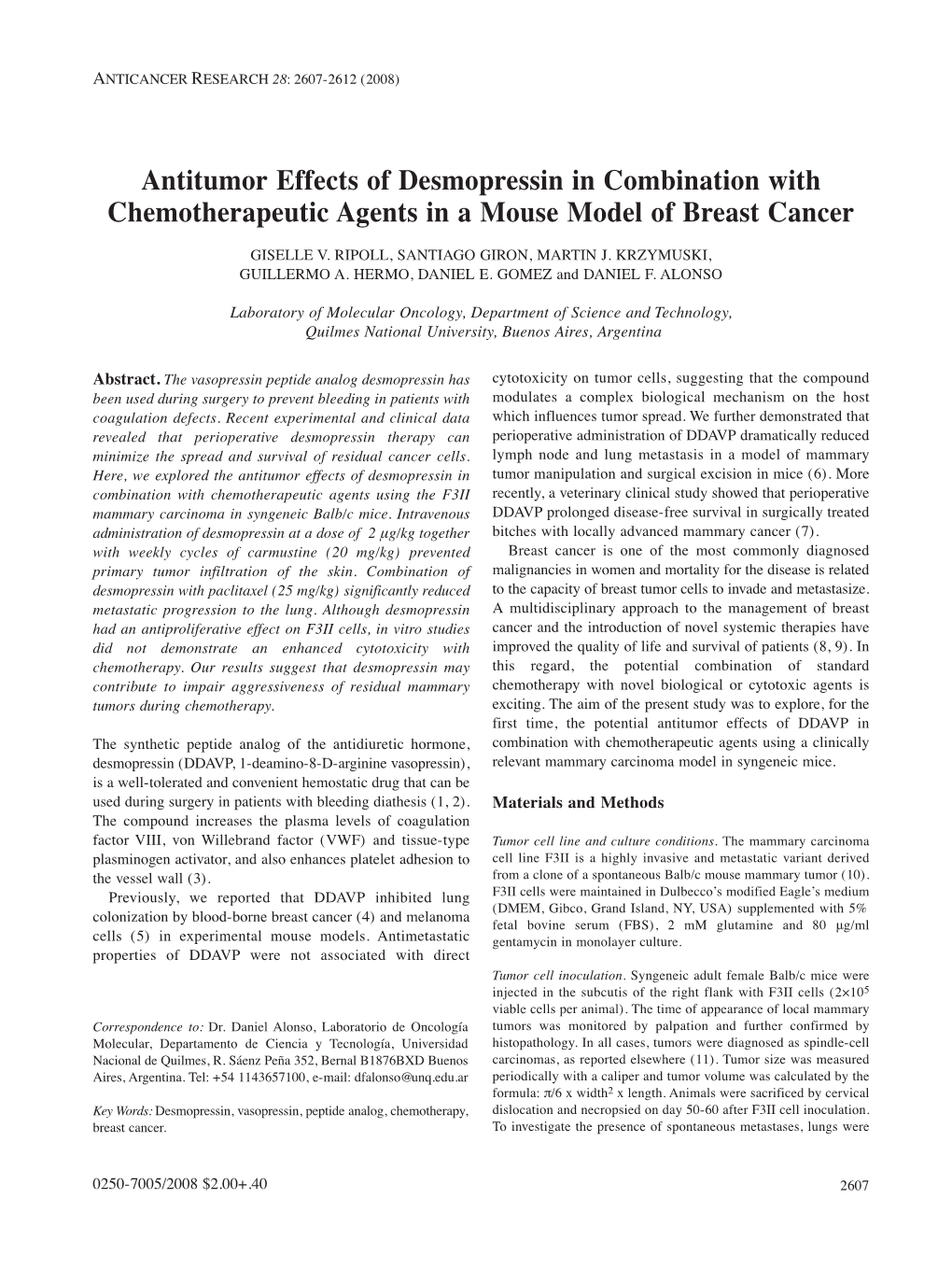 Antitumor Effects of Desmopressin in Combination with Chemotherapeutic Agents in a Mouse Model of Breast Cancer GISELLE V