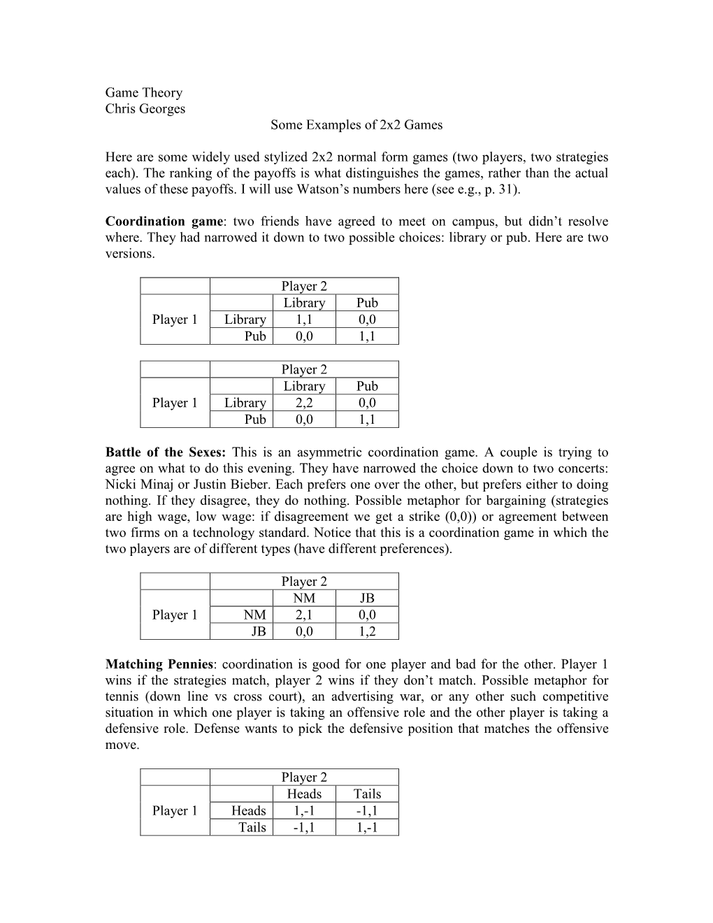 Game Theory Chris Georges Some Examples of 2X2 Games Here Are