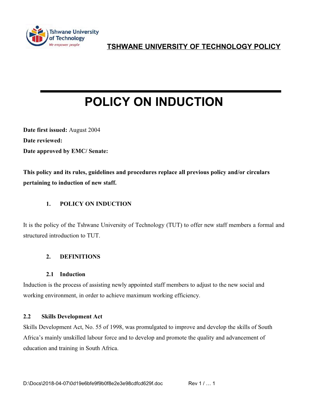 Tshwane University of Technology Policy