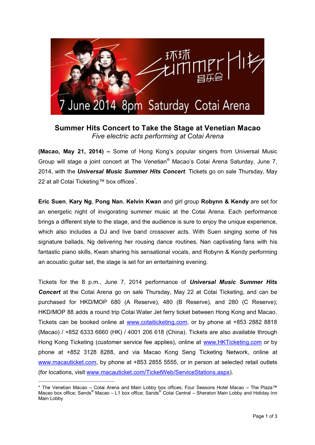 Summer Hits Concert to Take the Stage at Venetian Macao Five Electric Acts Performing at Cotai Arena