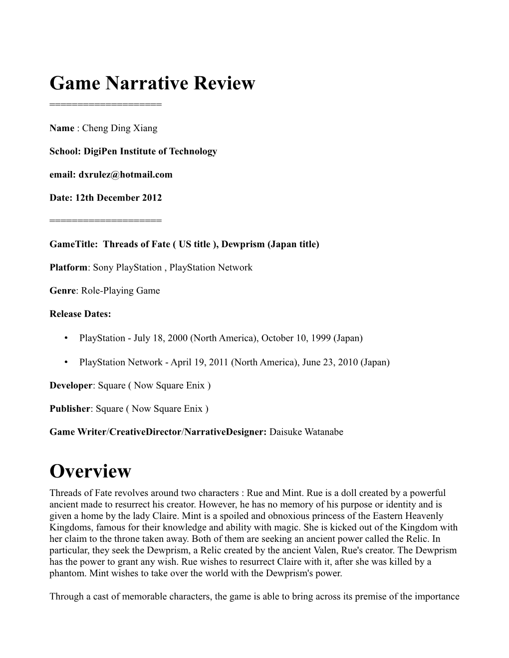 Game Narrative Review Overview