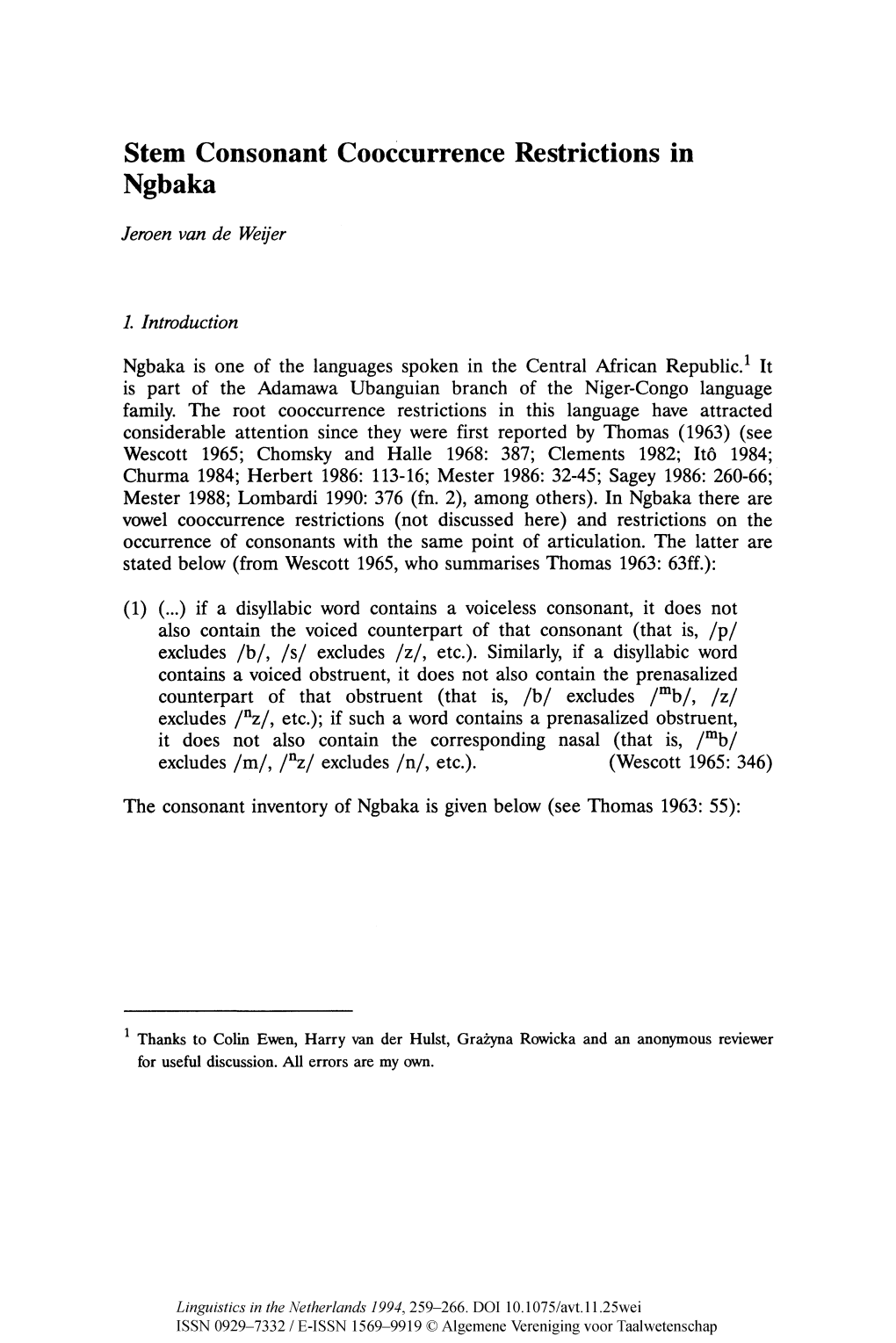 Stem Consonant Cooccurrence Restrictions in Ngbaka