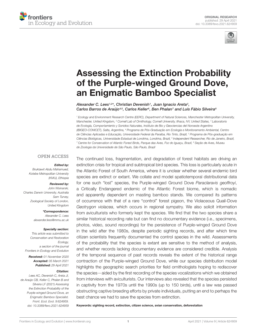 Assessing the Extinction Probability of the Purple-Winged Ground Dove, an Enigmatic Bamboo Specialist