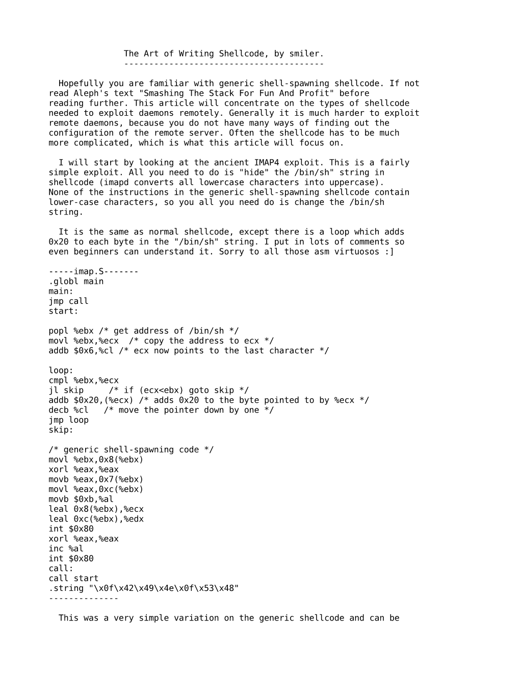 The Art of Writing Shellcode, by Smiler