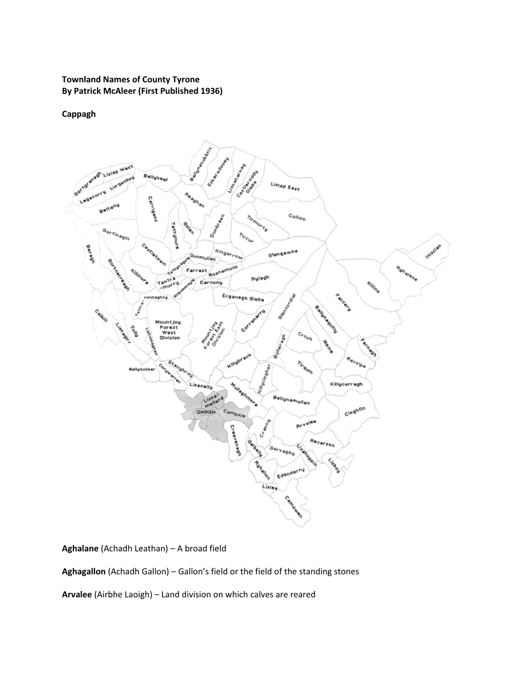 Townland Names of County Tyrone by Patrick Mcaleer (First Published 1936)