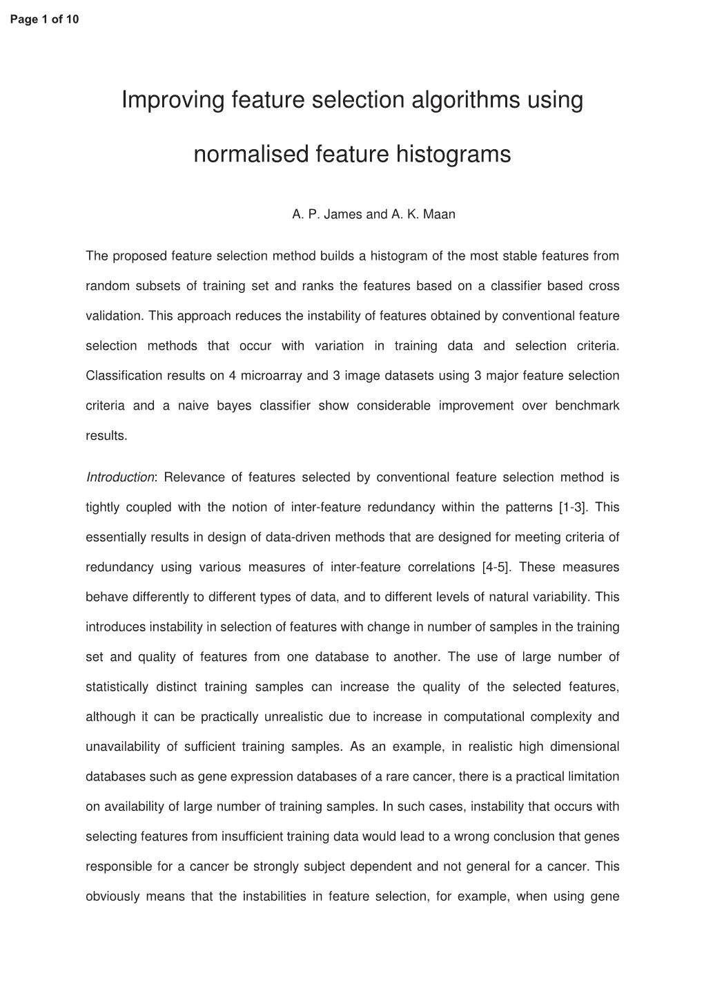 Improving Feature Selection Algorithms Using Normalised Feature Histograms