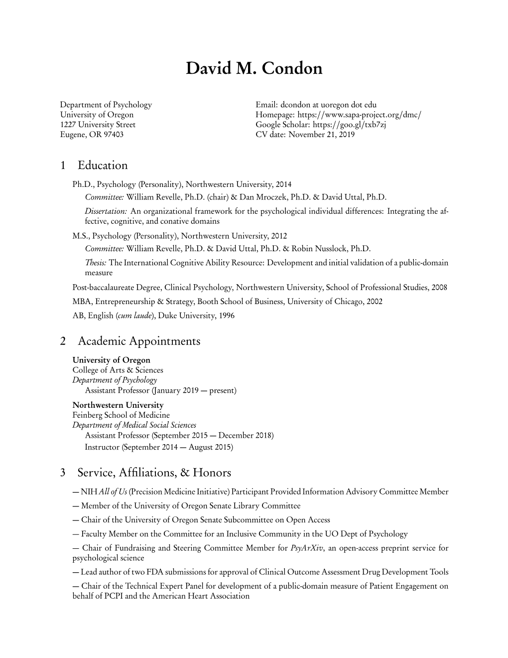 David M. Condon: Curriculum Vitae