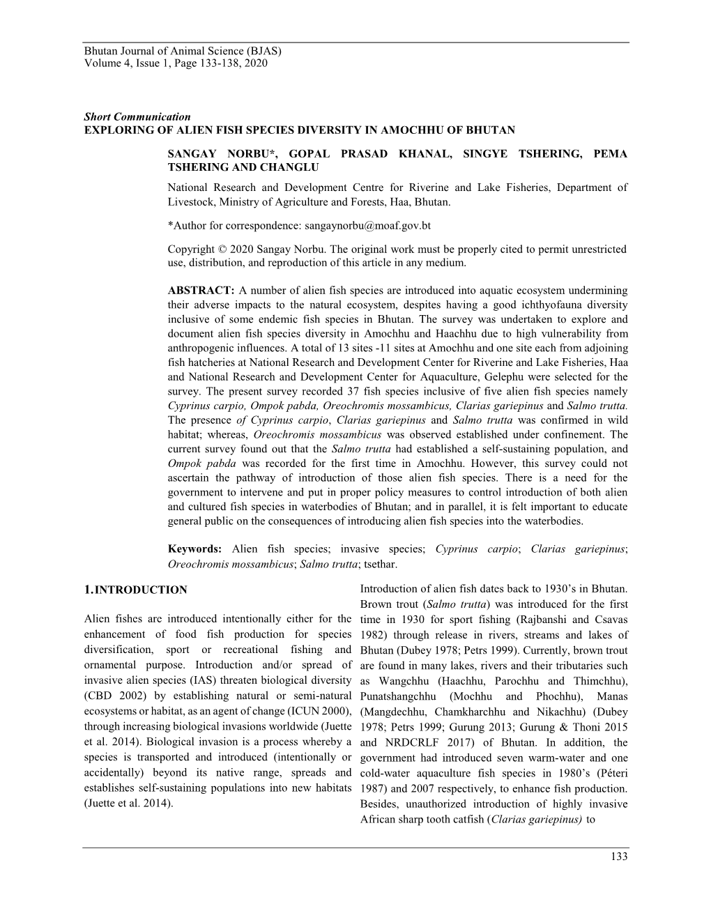 Bhutan Journal of Animal Science (BJAS) 133 Volume 4, Issue 1