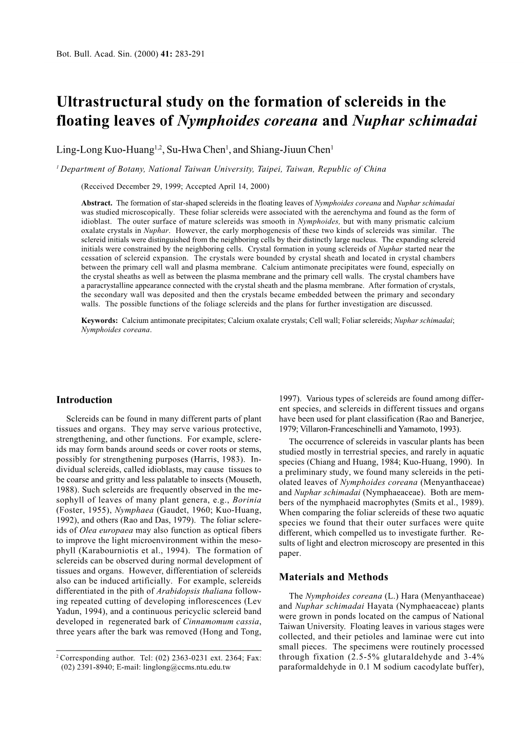 Ultrastructural Study on the Formation of Sclereids in the Floating Leaves of Nymphoides Coreana and Nuphar Schimadai