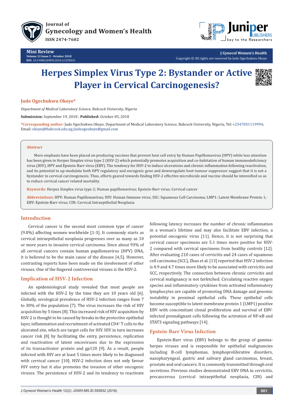 Herpes Simplex Virus Type 2: Bystander Or Active Player in Cervical Carcinogenesis?