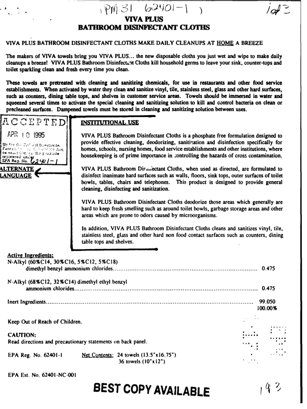 U.S. EPA, Pesticide Product Label, VIVA PLUS BATHROOM